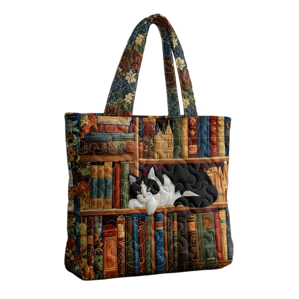 Quilted Tote Bag Cat Bookshelf Print Shoulder Bag for Book Lovers Large Tote for Library & Daily Use
Quilted Tote Bag Cat Bookshelf Print Shoulder Bag for Book Lovers Large Tote for Library & Daily Use
