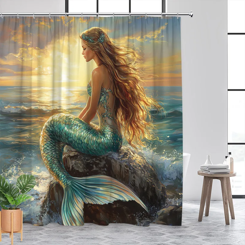Занавеска для душа Golden Hair Mermaid: Бирюзовый хвост, океанский закат, полиэстер, 12 крючков, можно стирать в машине, фэнтези-арт.
Занавеска для душа Golden Hair Mermaid: Бирюзовый хвост, океанский закат, полиэстер, 12 крючков, можно стирать в машине, фэнтези-арт.