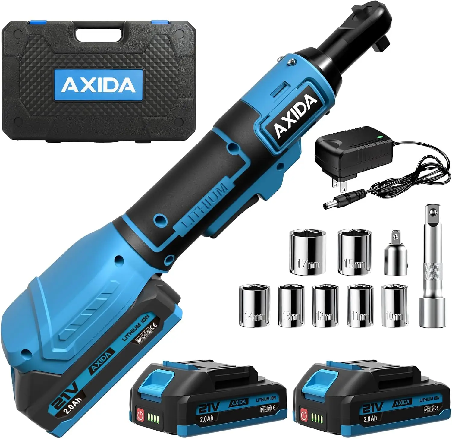 21V Cordless Ratchet Wrench 66FT-LBS 3/8" with 2 Batteries & Charger, 7 Sockets, Adapter & Extension Bar
21V Cordless Ratchet Wrench 66FT-LBS 3/8" with 2 Batteries & Charger, 7 Sockets, Adapter & Extension Bar