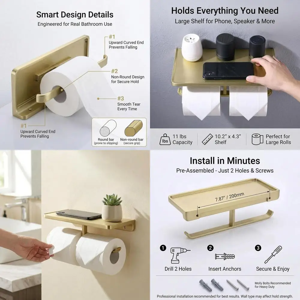 Wall-Mounted Dual Roll Toilet Paper Holder with Brushed Gold Finish and PE Shelf for Solid Metal Bathroom Tissue Dispenser Stora
Wall-Mounted Dual Roll Toilet Paper Holder with Brushed Gold Finish and PE Shelf for Solid Metal Bathroom Tissue Dispenser Stora