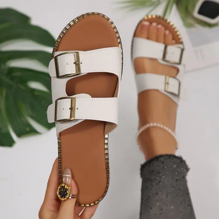 CWomen Double Buckle Flat Sandals Summer Open Toe Slip on Casual Footbed Slides Studded Sole Comfort Beach Walking Shoes New2026
CWomen Double Buckle Flat Sandals Summer Open Toe Slip on Casual Footbed Slides Studded Sole Comfort Beach Walking Shoes New2026