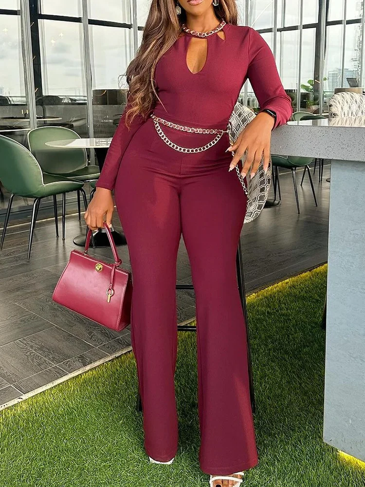 Keyhole Design Wide Leg Skinny Jumpsuit with Chain Solid Long Sleeve Rompers Women Jumpsuit
Keyhole Design Wide Leg Skinny Jumpsuit with Chain Solid Long Sleeve Rompers Women Jumpsuit