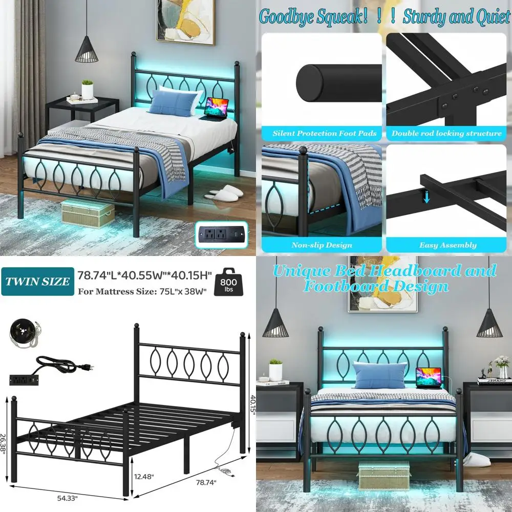 Twin Black Metal Bed Frame with Headboard, Charging Station, LED Lights, Storage, No Box Spring, Easy Assembly
Twin Black Metal Bed Frame with Headboard, Charging Station, LED Lights, Storage, No Box Spring, Easy Assembly