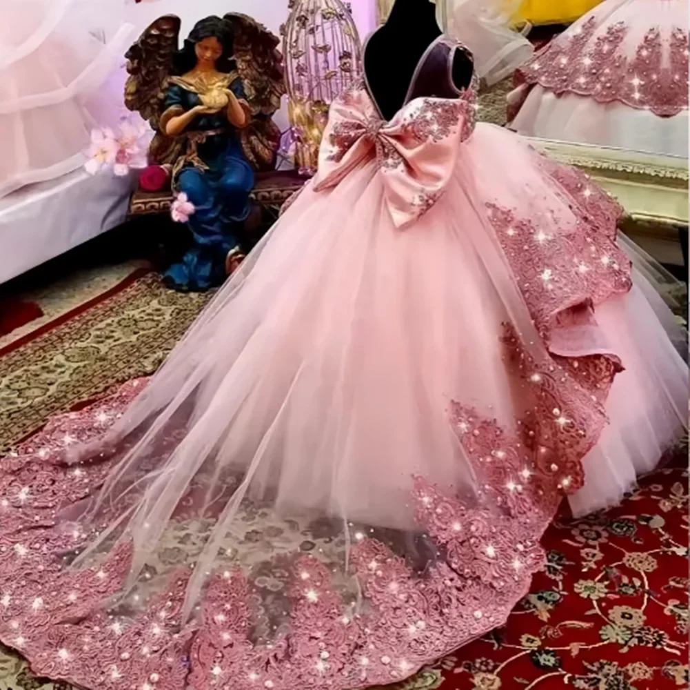 Sparkling Flower Girl Dress With Bow Lace Applique Beaded Baby Lovely Pageant Ball Gown
Sparkling Flower Girl Dress With Bow Lace Applique Beaded Baby Lovely Pageant Ball Gown