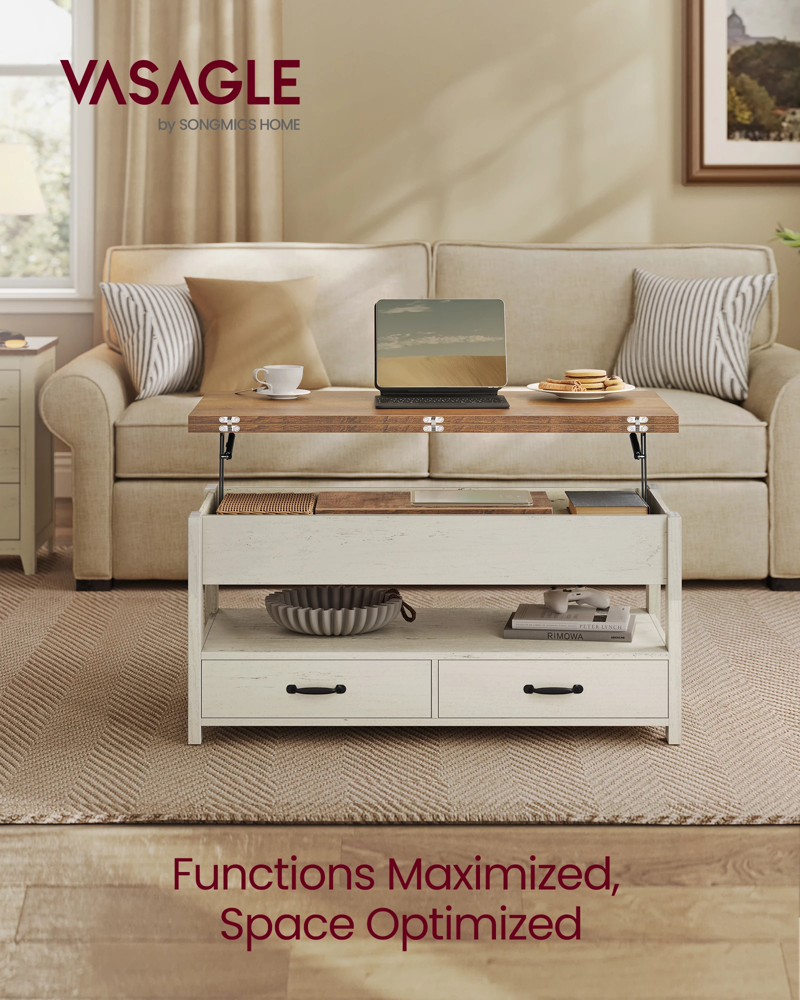 VASAGLE Coffee Table Lift Top, 3 in 1 Center Table with Storage, Gas Spring, 2 Drawers and 3 Hidden Compartments, Open Shelf, fo
VASAGLE Coffee Table Lift Top, 3 in 1 Center Table with Storage, Gas Spring, 2 Drawers and 3 Hidden Compartments, Open Shelf, fo