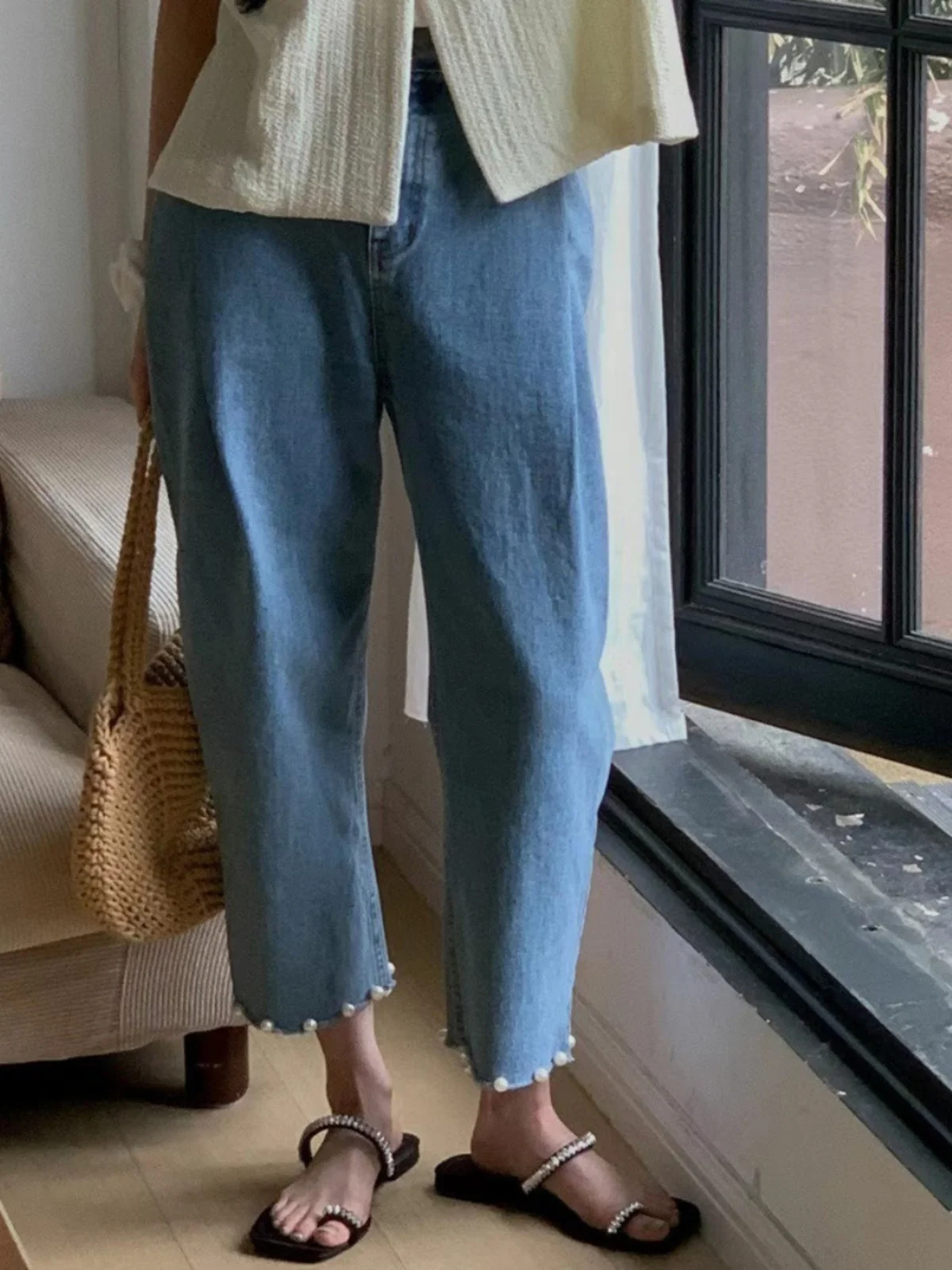 Pearl Embellished High Waist Loose Women's Jeans Washed Pleated Harlan Pants Nine Point Carrot Pants Denim Blue Long Pants
Pearl Embellished High Waist Loose Women's Jeans Washed Pleated Harlan Pants Nine Point Carrot Pants Denim Blue Long Pants