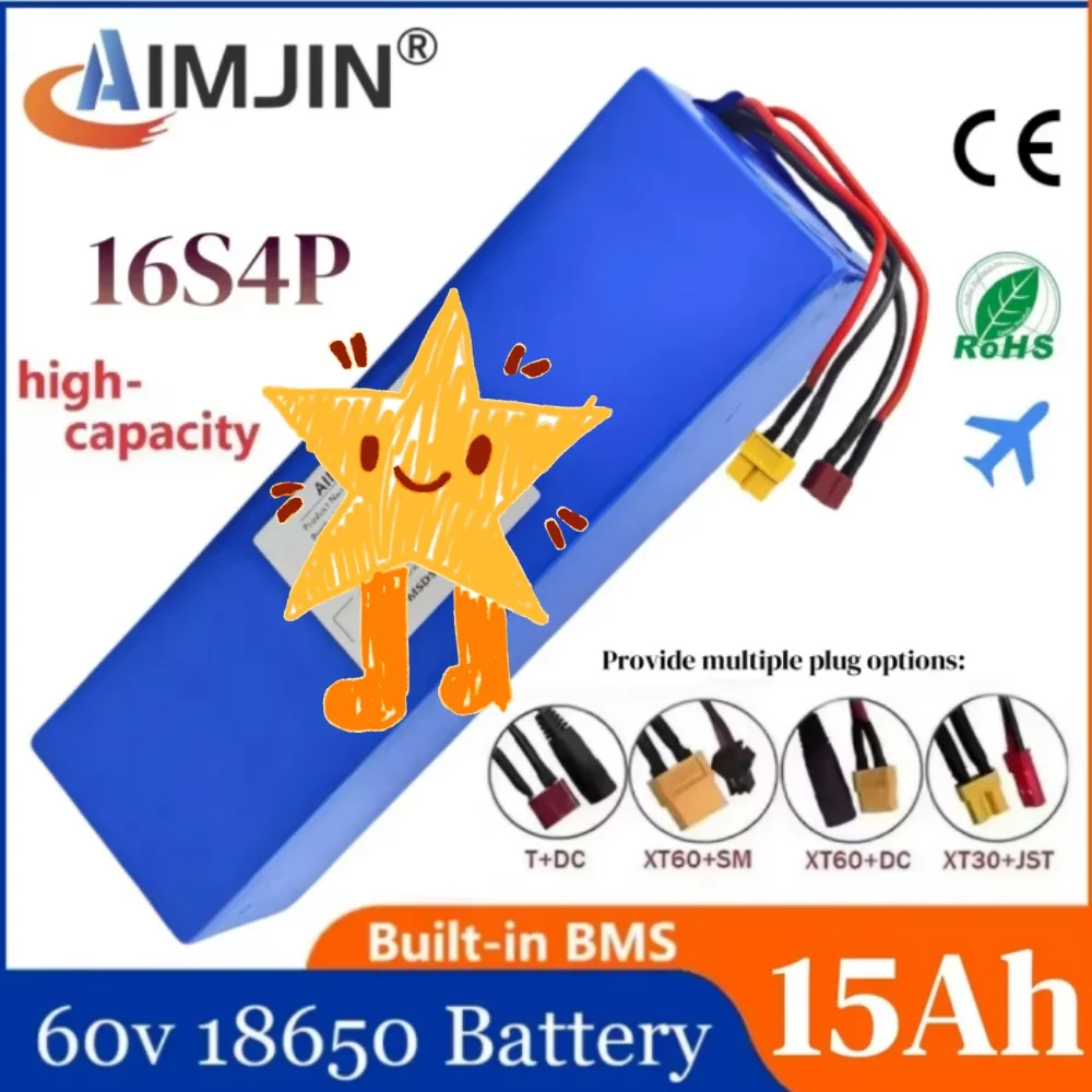 60V 15000mAh 18650 Lithium Battery with BMS for Electric Vehicles Motorcycle Scooter Bicycle 2000W Motor 16S4P Battery Pack
60V 15000mAh 18650 Lithium Battery with BMS for Electric Vehicles Motorcycle Scooter Bicycle 2000W Motor 16S4P Battery Pack