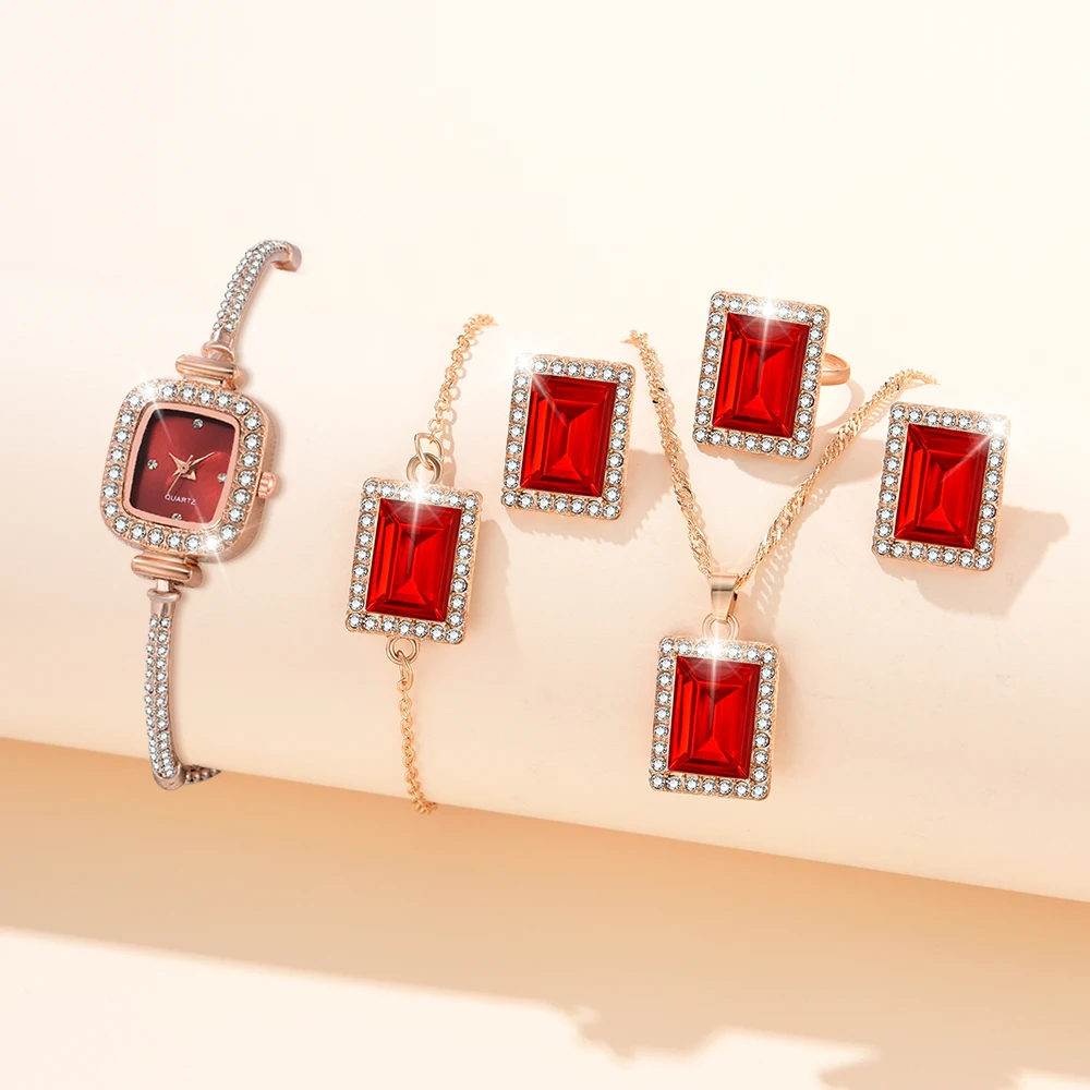 6 Pcs Square Quartz Watches Alloy Strap Alloy Pointer Alloy Dial And Rhinestone Necklace Ring Jewelry For Women
6 Pcs Square Quartz Watches Alloy Strap Alloy Pointer Alloy Dial And Rhinestone Necklace Ring Jewelry For Women