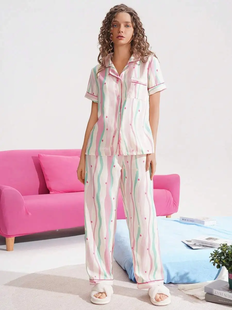 Womens Colorful Striped Crinkle Bubble Pajama Set Casual Sleepwear
Womens Colorful Striped Crinkle Bubble Pajama Set Casual Sleepwear