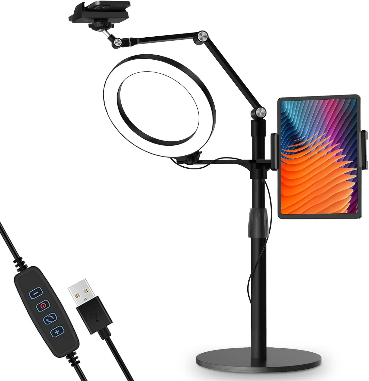 3-in-1 Adjustable Desktop Stand with LED Ring Light for Tablets & Phones, Ideal for Streaming and Online Meetings
3-in-1 Adjustable Desktop Stand with LED Ring Light for Tablets & Phones, Ideal for Streaming and Online Meetings
