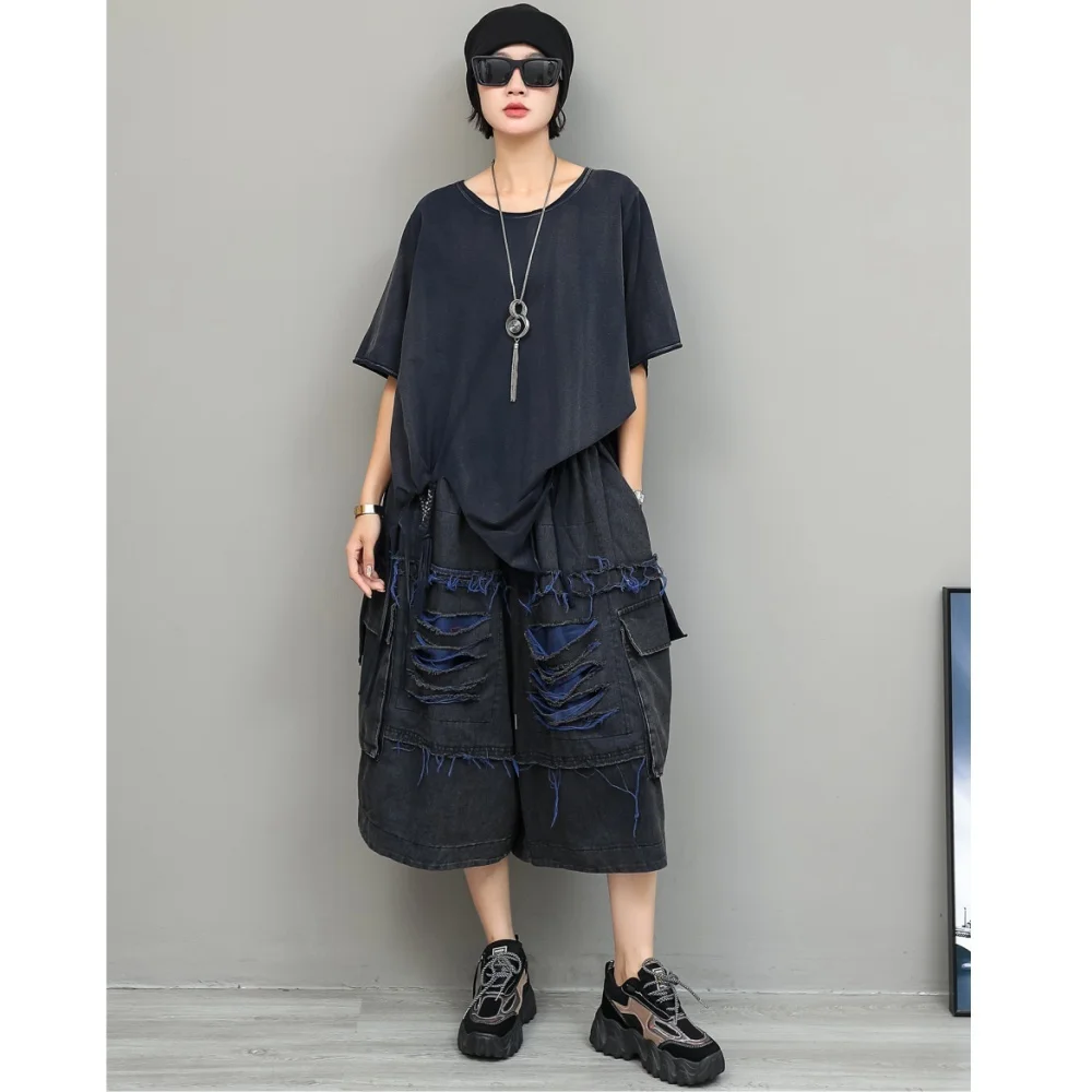 Trendy Cool Fashion Suit Women Asymmetrical Mid-length T-shirt + Loose-fit Ripped Cropped Wide-leg Pants Two Piece Set XY304
Trendy Cool Fashion Suit Women Asymmetrical Mid-length T-shirt + Loose-fit Ripped Cropped Wide-leg Pants Two Piece Set XY304