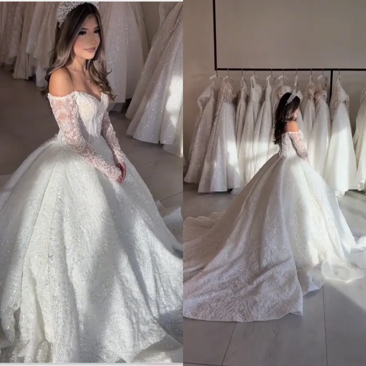 Elegant Sweetheart Princess Wedding Dress Long Sleeve Off Shoulder Satin Lace Stickers Pearl Glitter Vestido De Novia Custom
Elegant Sweetheart Princess Wedding Dress Long Sleeve Off Shoulder Satin Lace Stickers Pearl Glitter Vestido De Novia Custom