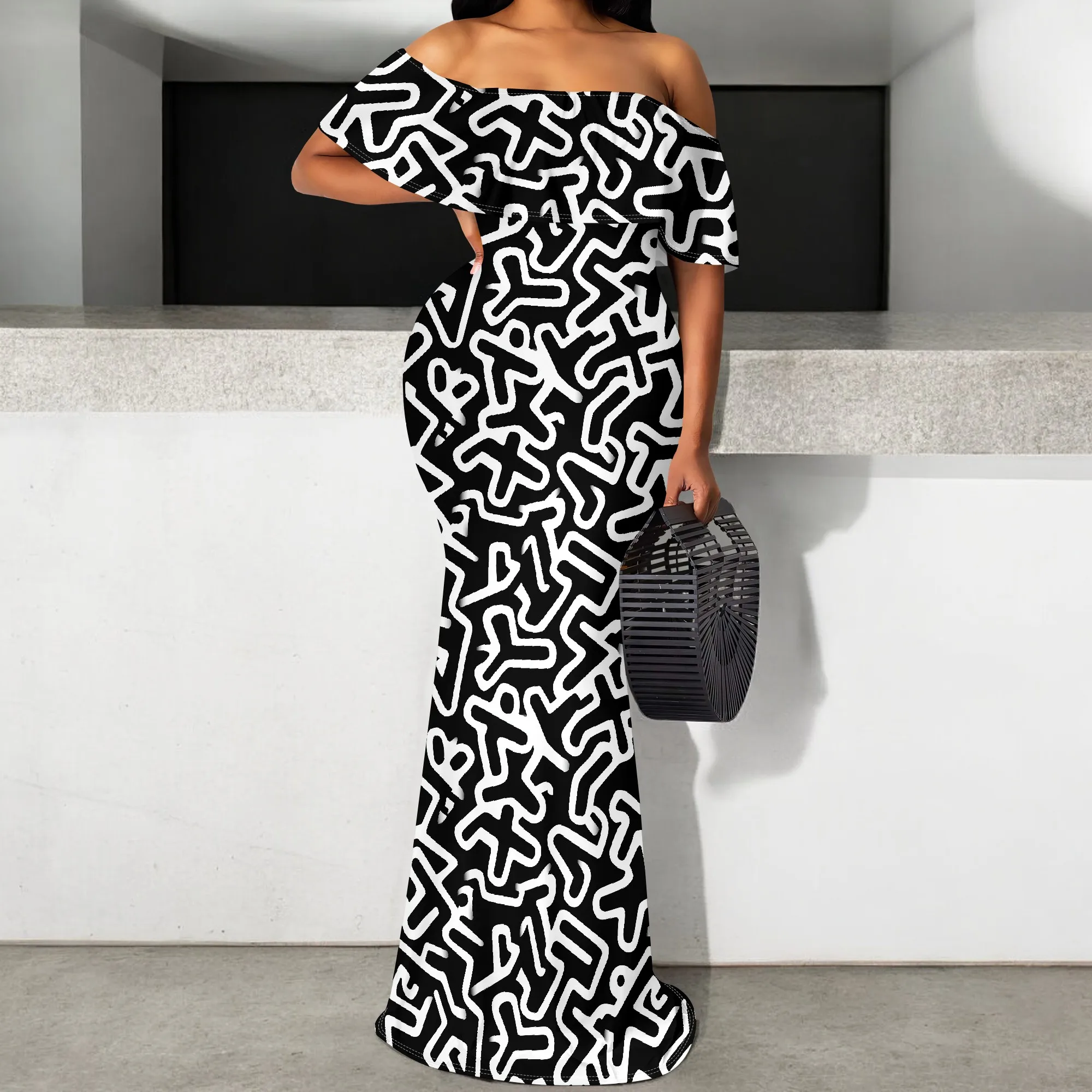 Graffiti Print Off Shoulder Maxi Dress Black White Abstract Bodycon Mermaid Gown for Women
Graffiti Print Off Shoulder Maxi Dress Black White Abstract Bodycon Mermaid Gown for Women