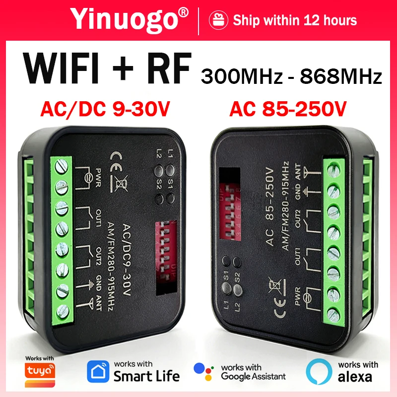 Universal 300-868MHz Works With Tuya Smart Switch Relay Module 2CH 433MHz 868MHz Wifi Garage Door / Gate Remote Control Receiver
Universal 300-868MHz Works With Tuya Smart Switch Relay Module 2CH 433MHz 868MHz Wifi Garage Door / Gate Remote Control Receiver