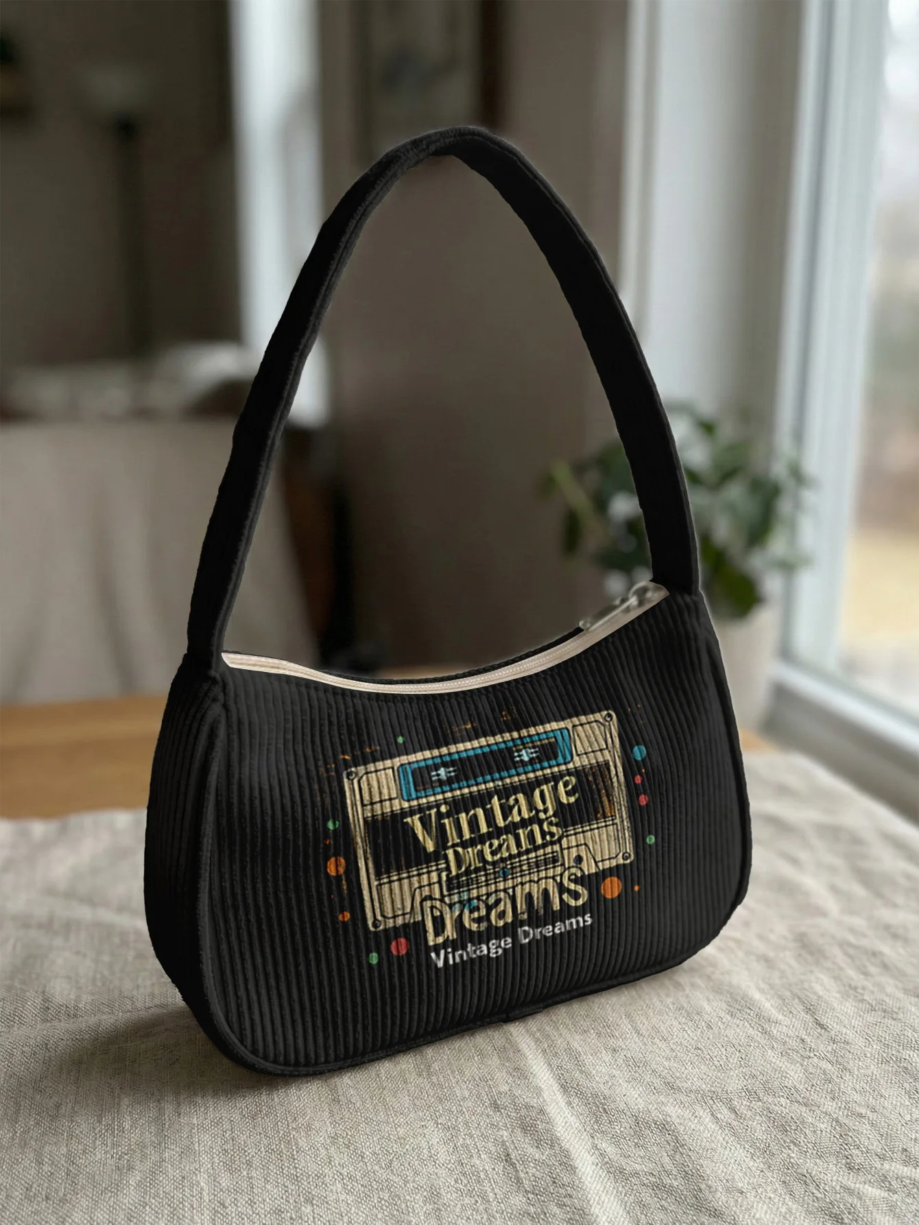 Trendy Vintage Cassette Print Shoulder Bag, Black Corduroy Underarm Bag for Daily Casual Use
Trendy Vintage Cassette Print Shoulder Bag, Black Corduroy Underarm Bag for Daily Casual Use