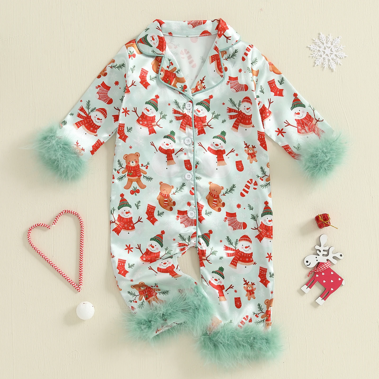 VISgogo Baby Girl Christmas Romper Pajamas Santa Claus Print Feather Cuffs Long Sleeve Lapel Button Down Satin Sleepwear
VISgogo Baby Girl Christmas Romper Pajamas Santa Claus Print Feather Cuffs Long Sleeve Lapel Button Down Satin Sleepwear