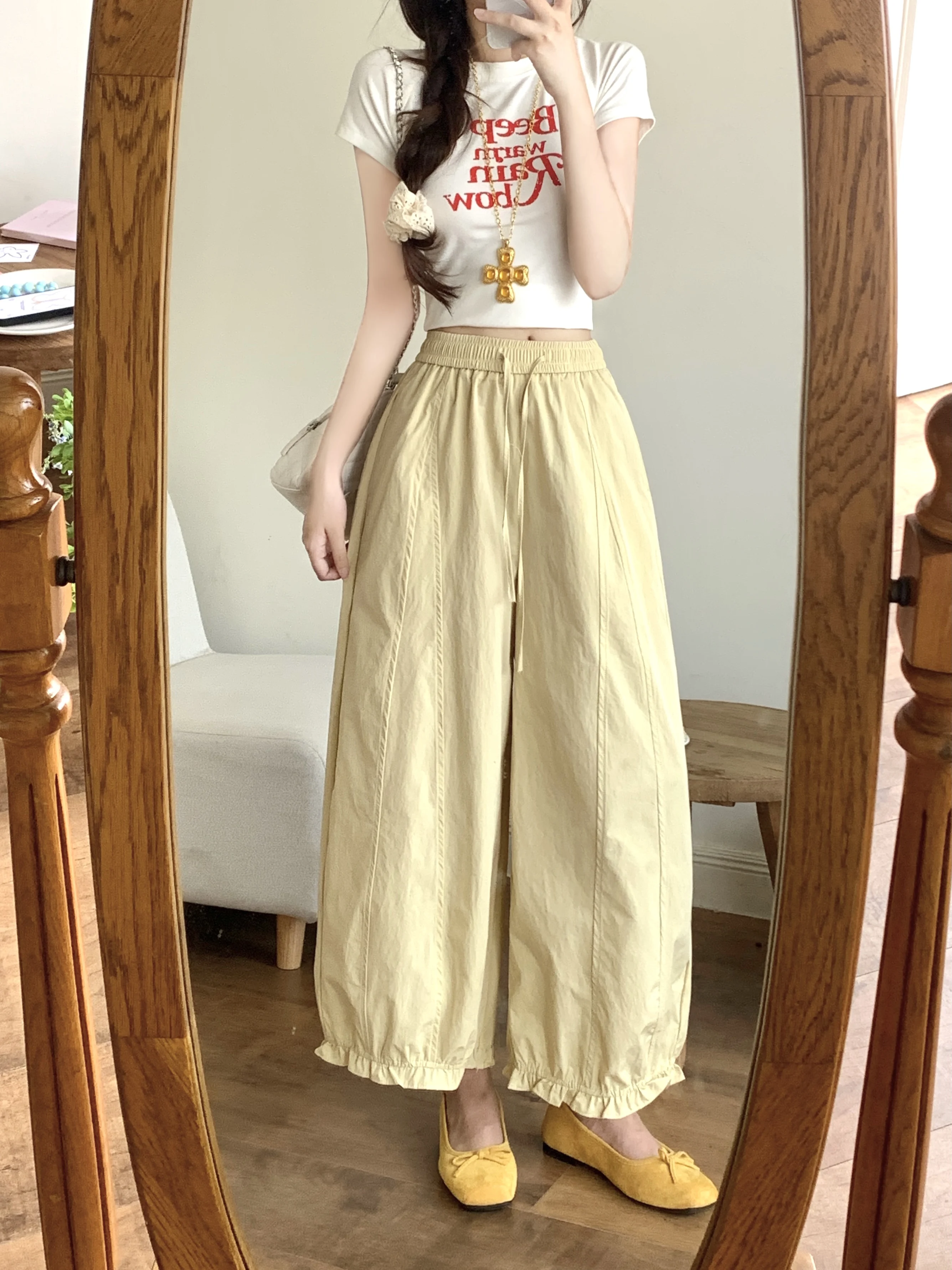 Kumikumi Yellow Wooden Casual Pants Women's High Waist Wide Leg Drawstring Summer Slimming Lantern Pants Versatile
Kumikumi Yellow Wooden Casual Pants Women's High Waist Wide Leg Drawstring Summer Slimming Lantern Pants Versatile