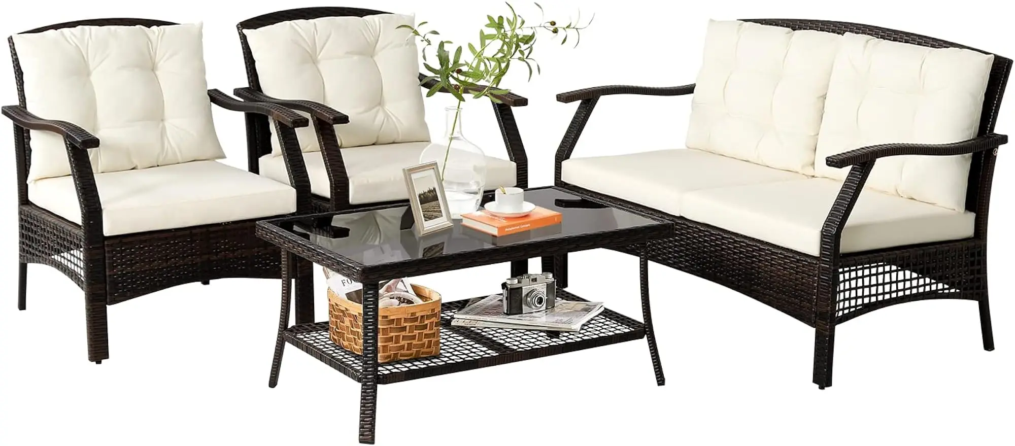 4 Pieces Outdoor Rattan Furniture Set, Wicker Sofa Set with Tempered Glass Table, Loveseat, 2 Single Sofas, Sectional Sofa Set
4 Pieces Outdoor Rattan Furniture Set, Wicker Sofa Set with Tempered Glass Table, Loveseat, 2 Single Sofas, Sectional Sofa Set