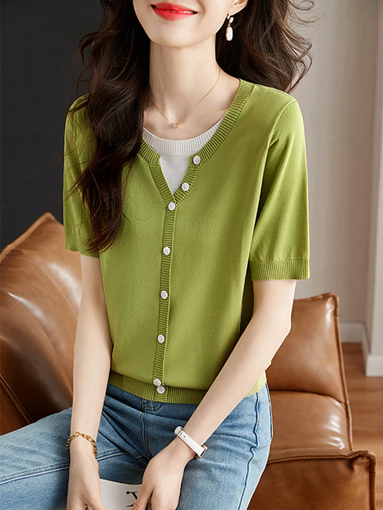 Fashion Round Neck Knit T-shirt Fake Two Pieces T-Shirt Women's 2025 Summer New Casual Commute Top Tee
Fashion Round Neck Knit T-shirt Fake Two Pieces T-Shirt Women's 2025 Summer New Casual Commute Top Tee