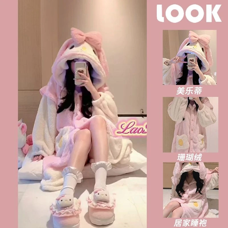 Cartoon Anime Sanrio Melody Cinnamoroll Girls' Nightgown Pajamas Plush Thicken Winter Cotton Hooded Warm Woman Kawaii Homewear
Cartoon Anime Sanrio Melody Cinnamoroll Girls' Nightgown Pajamas Plush Thicken Winter Cotton Hooded Warm Woman Kawaii Homewear