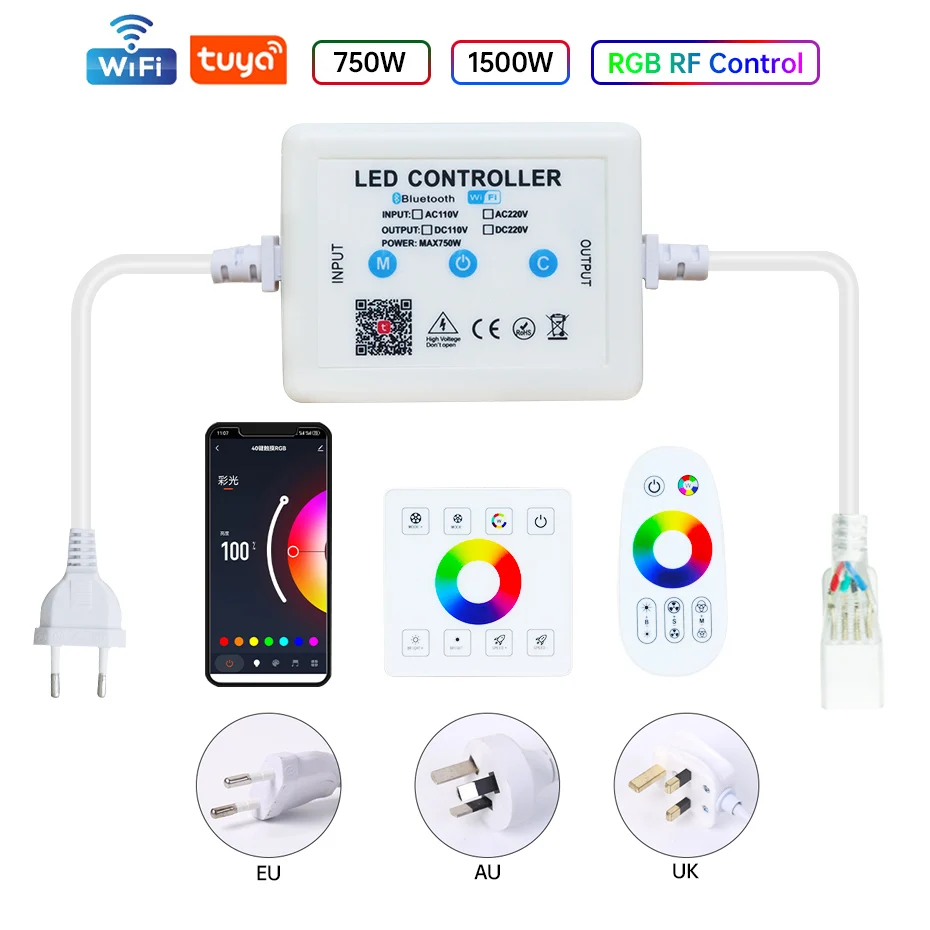 220V Smart RGB 4Pin Controller 750W-1500W Tuya WiFi/RF/EU/AU/UK Plug for LED Strip Light with Touch Panel & IR Remote Control
220V Smart RGB 4Pin Controller 750W-1500W Tuya WiFi/RF/EU/AU/UK Plug for LED Strip Light with Touch Panel & IR Remote Control