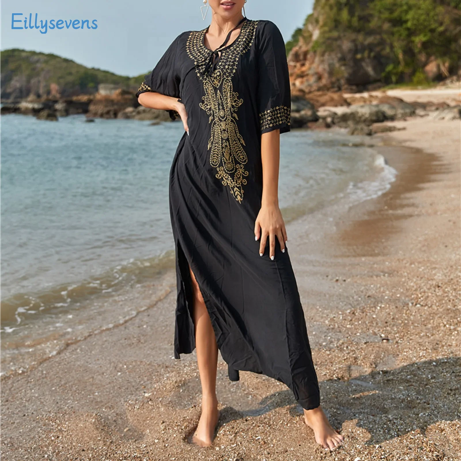 Women Loose Dress Fashion Black Gold Thread Embroidery Splicing Dress Half-Sleeved V-Neck Slit Long Dress Leisure Vacation Dress
Women Loose Dress Fashion Black Gold Thread Embroidery Splicing Dress Half-Sleeved V-Neck Slit Long Dress Leisure Vacation Dress
