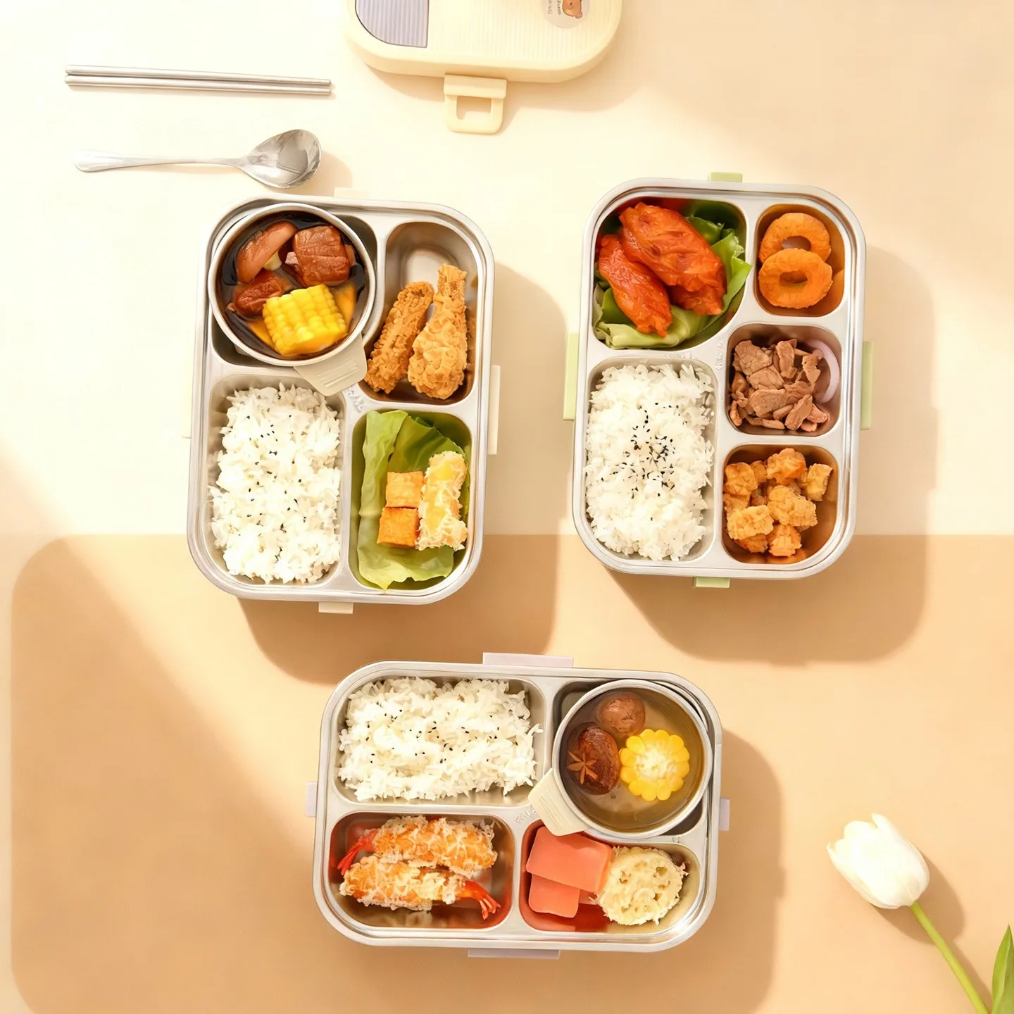 4/5 Grids Portable Lunch Box With Cutlery&Bowl Microwave Safe Leak-proof 304 Stainless Steel Divided Food Container For Student
4/5 Grids Portable Lunch Box With Cutlery&Bowl Microwave Safe Leak-proof 304 Stainless Steel Divided Food Container For Student