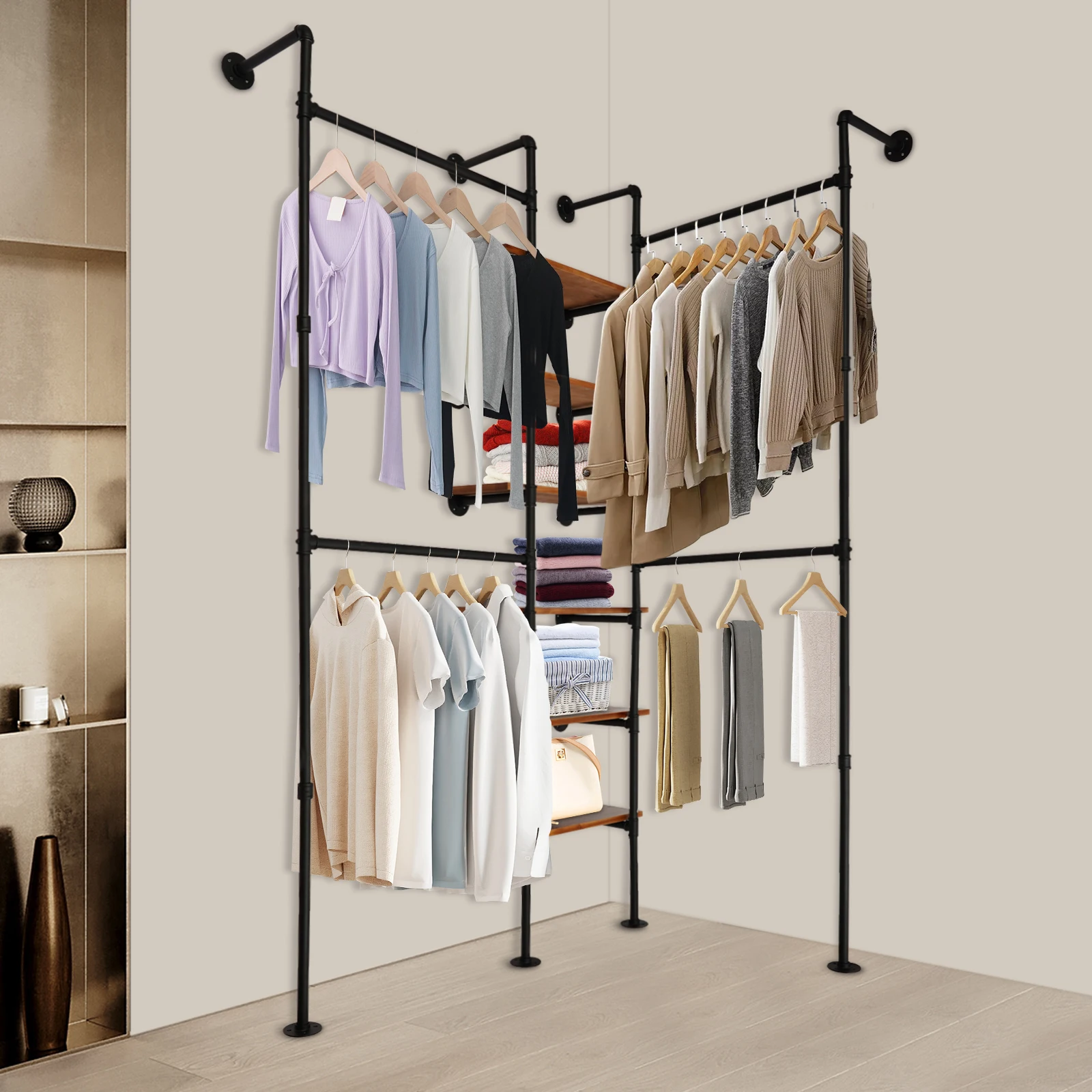 Wall Mounted Clothes Rack with 6 Shelves and 4 Hanging Rods, Industrial Pipe Clothes Rack, Metal Multi-Purpose Clothes Rack with 2 Installation Methods
Wall Mounted Clothes Rack with 6 Shelves and 4 Hanging Rods, Industrial Pipe Clothes Rack, Metal Multi-Purpose Clothes Rack with 2 Installation Methods