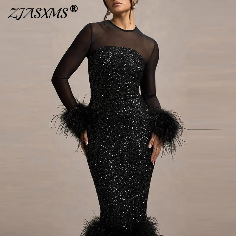 Spring Sequin Patchwork Mesh Party Dresses Women Sexy O Neck Button Hollow Long Dress Autumn Long Sleeve Feather Slim Hip Dress
Spring Sequin Patchwork Mesh Party Dresses Women Sexy O Neck Button Hollow Long Dress Autumn Long Sleeve Feather Slim Hip Dress