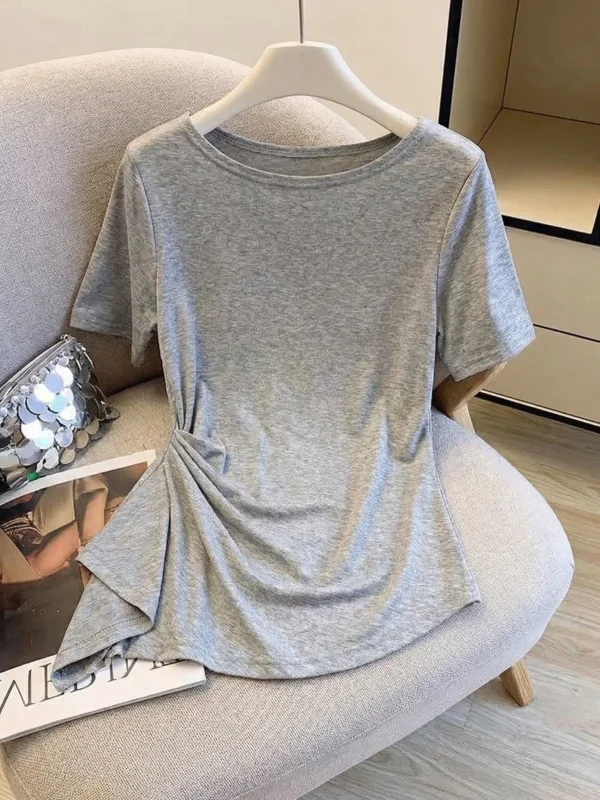 Gray Lazy Style Women's T-shirt Short Sleeve Waist-Cinching Summer New plus Size Irregular Top Korean Version Loose Fit
Gray Lazy Style Women's T-shirt Short Sleeve Waist-Cinching Summer New plus Size Irregular Top Korean Version Loose Fit