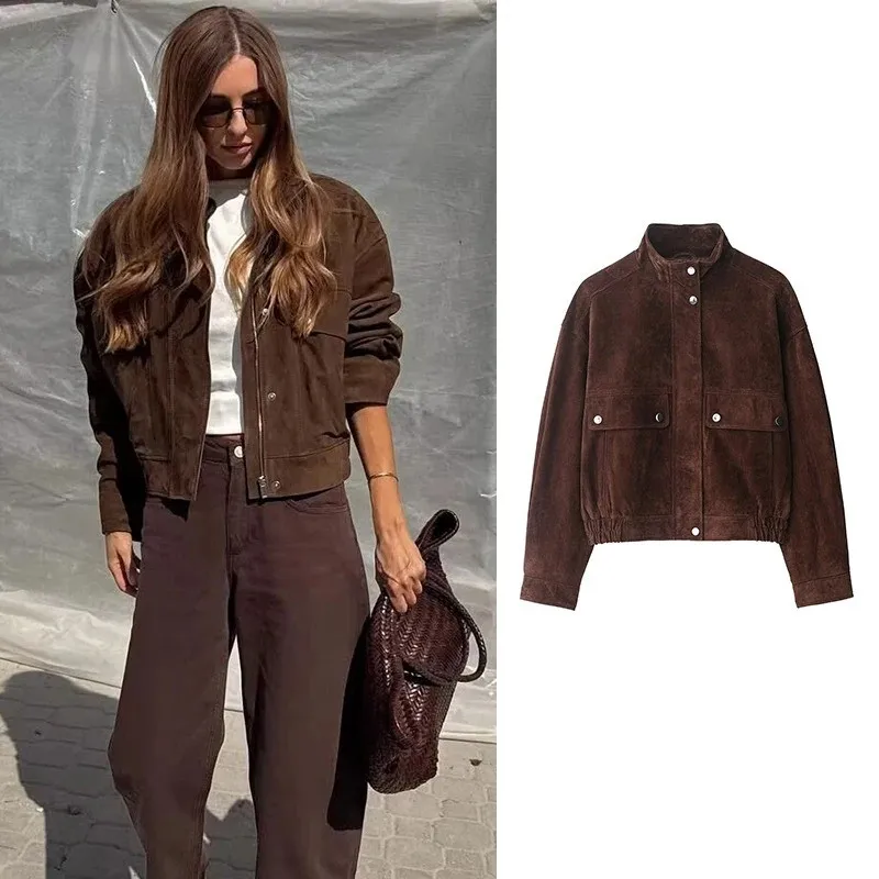 Women's Vintage Brown Suede Jacket with Stand Collar and Pocket Accents Casual Street Fashion
Women's Vintage Brown Suede Jacket with Stand Collar and Pocket Accents Casual Street Fashion