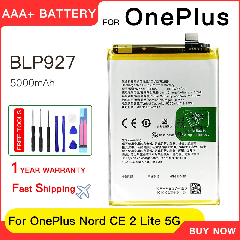 Genuine High Quality Replacement BLP927 Battery for OnePlus Nord CE 2 Lite 5G/NORD 2 LITE /A77S Batteries batteria+Free tools
Genuine High Quality Replacement BLP927 Battery for OnePlus Nord CE 2 Lite 5G/NORD 2 LITE /A77S Batteries batteria+Free tools