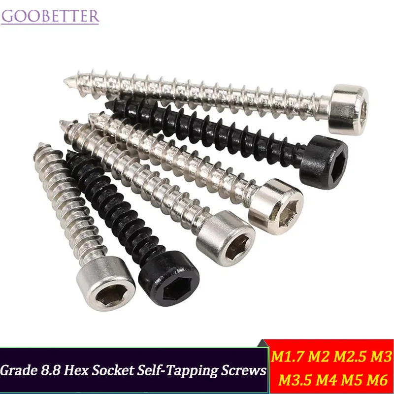 Grade 8.8 Black Hex Socket Self-Tapping Screws Ni-Plated M1.7-M6 High Strength Wood/Metal Screws for Machinery 
Grade 8.8 Black Hex Socket Self-Tapping Screws Ni-Plated M1.7-M6 High Strength Wood/Metal Screws for Machinery