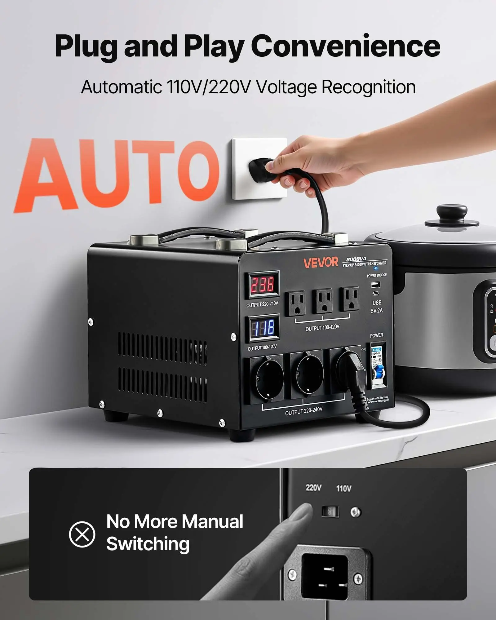 Voltage Auto Converter Transformer, 3000VA, Heavy Duty Step Up/Down Power Transformer, 110V to 220V and 220V to 110V, with 3 US Outlets, 3 EU Outlets, LCD Display, Circuit Breaker Protection
Voltage Auto Converter Transformer, 3000VA, Heavy Duty Step Up/Down Power Transformer, 110V to 220V and 220V to 110V, with 3 US Outlets, 3 EU Outlets, LCD Display, Circuit Breaker Protection