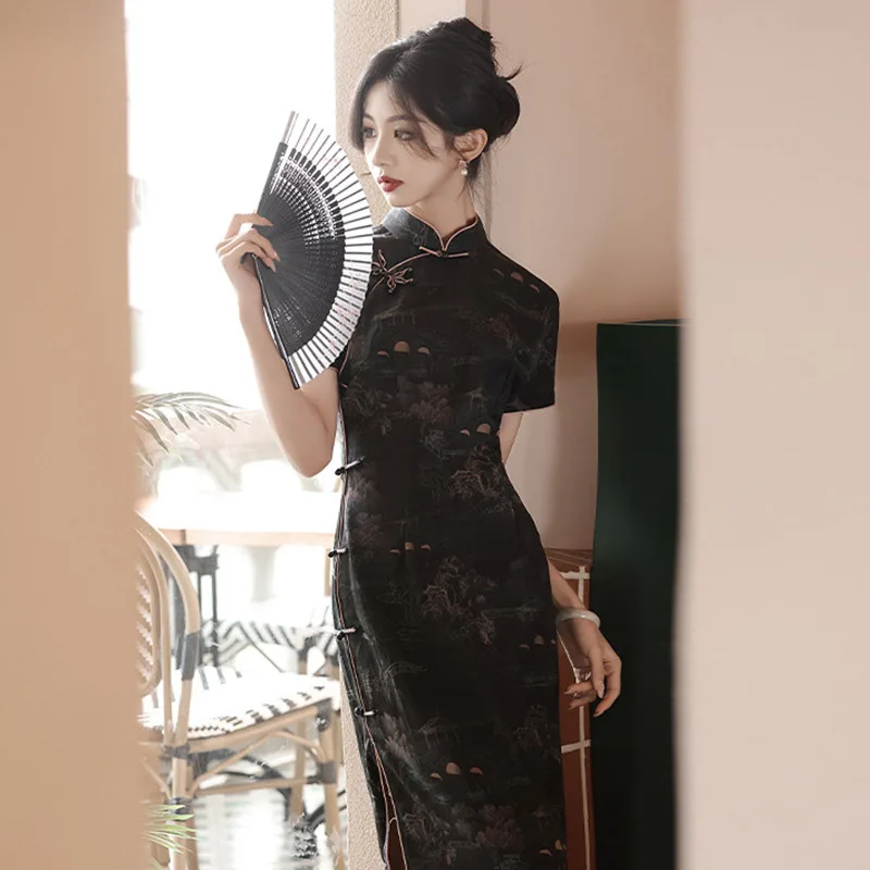 Summer Black Women Chinese Tradition Style Satin Cheongsam New Improved Female Mandarin Collar Long Print Qipao Dress
Summer Black Women Chinese Tradition Style Satin Cheongsam New Improved Female Mandarin Collar Long Print Qipao Dress
