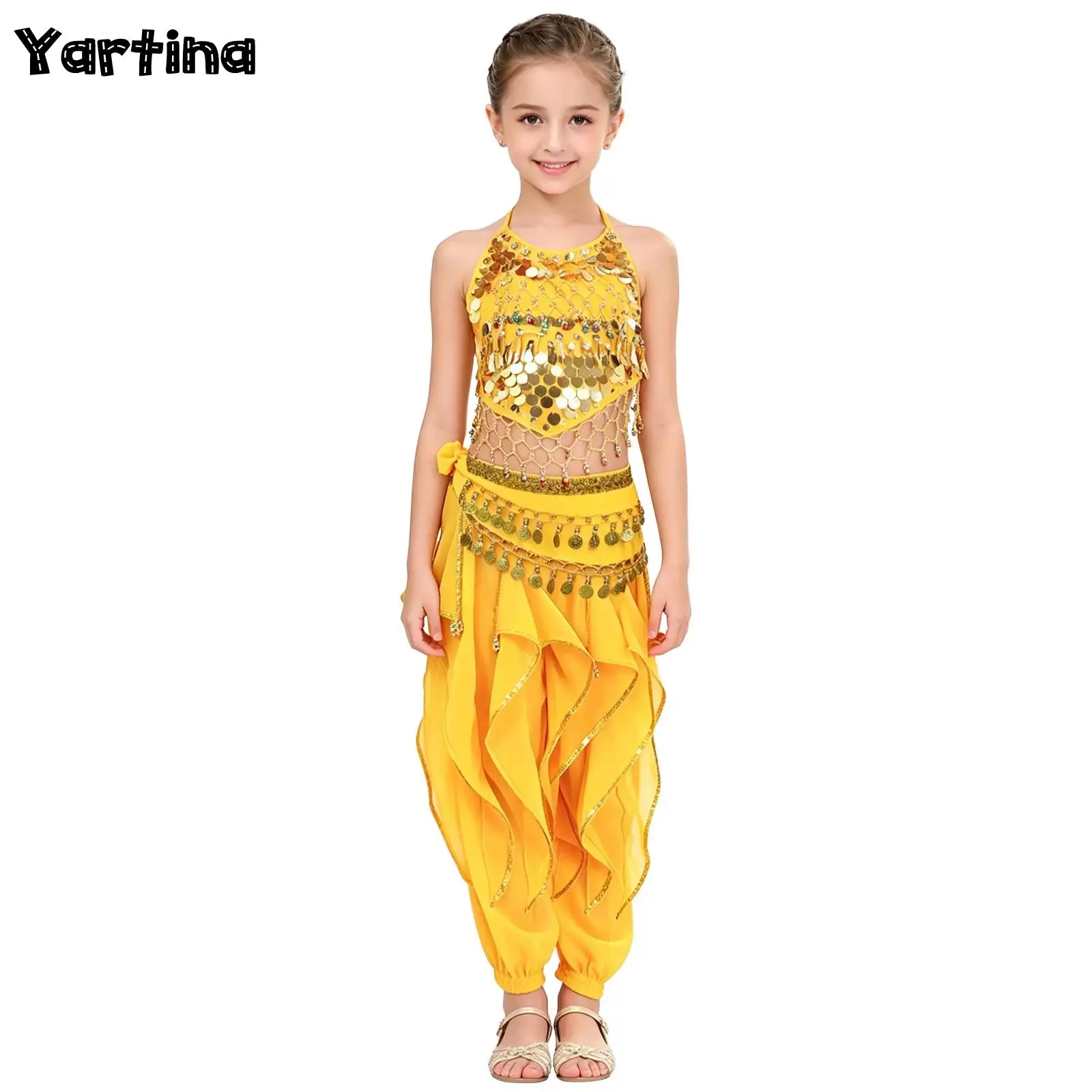 Kids Girls Sequin Tassel Belly Dance Outfit Halter Self-tie Backless Asymmetrical Hem Crop Top with Ruffle Pants and Waist Chain
Kids Girls Sequin Tassel Belly Dance Outfit Halter Self-tie Backless Asymmetrical Hem Crop Top with Ruffle Pants and Waist Chain