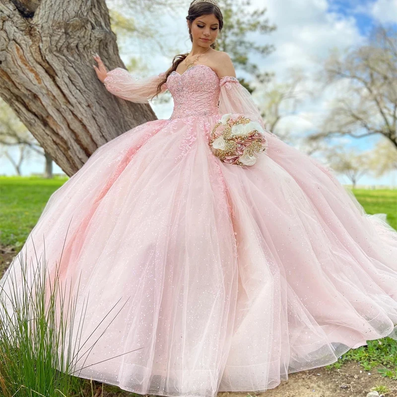 Pink Shiny Off the Shoulder Long Sleeved Ball Gown Beaded Appliques Quinceanear Dress Princess Sweet 16 Vestidos De 15 Años
Pink Shiny Off the Shoulder Long Sleeved Ball Gown Beaded Appliques Quinceanear Dress Princess Sweet 16 Vestidos De 15 Años