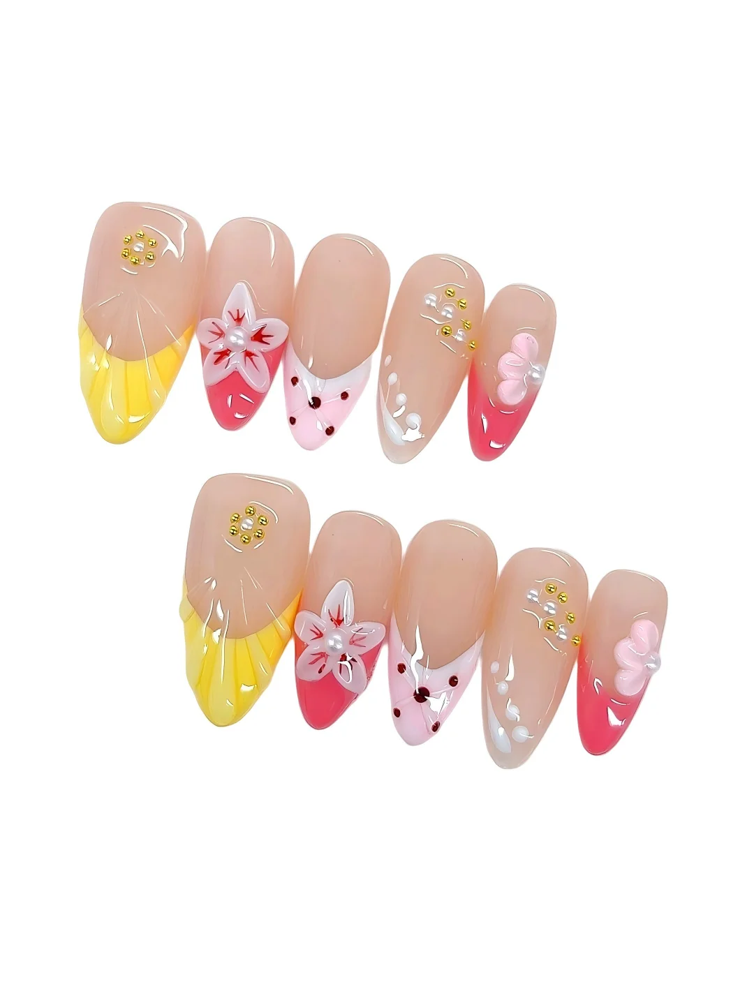 3D Flower Press on Nails - Pink Yellow Gradient with Pearl Accents(D535)
3D Flower Press on Nails - Pink Yellow Gradient with Pearl Accents(D535)