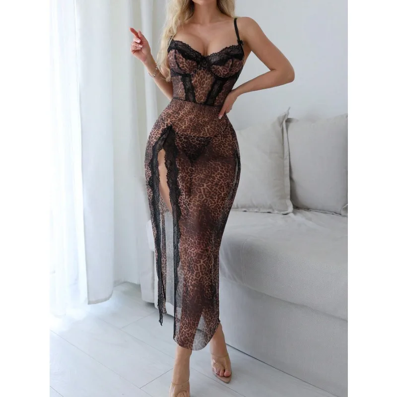 Sexy Leopard Exotic Dress Lace Babydolls for Women High Slit Spaghetti Straps Transparent Long Nightdress with Thongs Chemises
Sexy Leopard Exotic Dress Lace Babydolls for Women High Slit Spaghetti Straps Transparent Long Nightdress with Thongs Chemises
