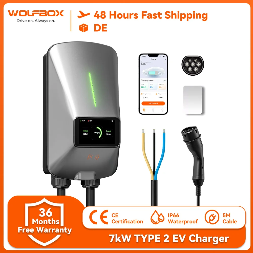 WOLFBOX Зарядная станция для электромобилей Тип 2 7 кВт 32A 1-фазное автомобильное зарядное устройство Wallbox с ЖК-экраном Управление через приложение RFID-карта
WOLFBOX Зарядная станция для электромобилей Тип 2 7 кВт 32A 1-фазное автомобильное зарядное устройство Wallbox с ЖК-экраном Управление через приложение RFID-карта
