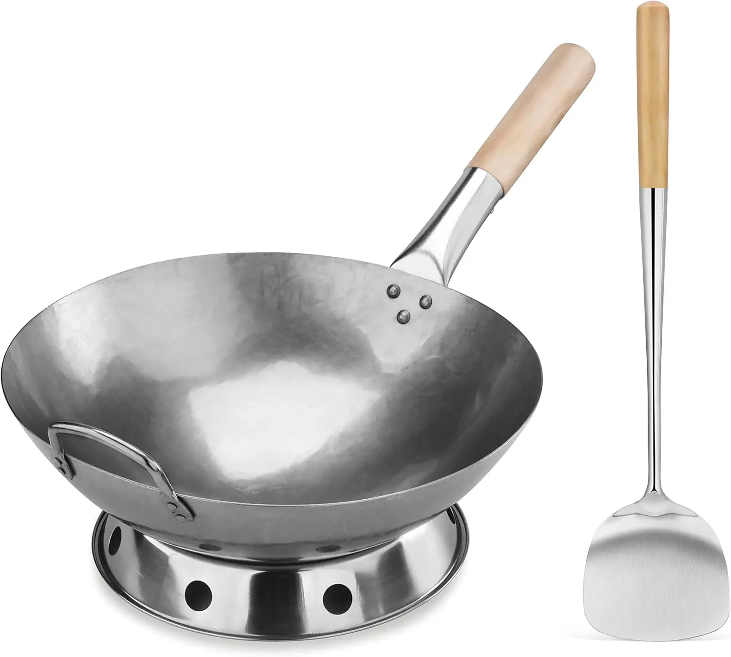 14" Hand Hammered Carbon Steel Wok Set with Wood Handle, Includes Rack and Spatula for Professional Cooking
14" Hand Hammered Carbon Steel Wok Set with Wood Handle, Includes Rack and Spatula for Professional Cooking