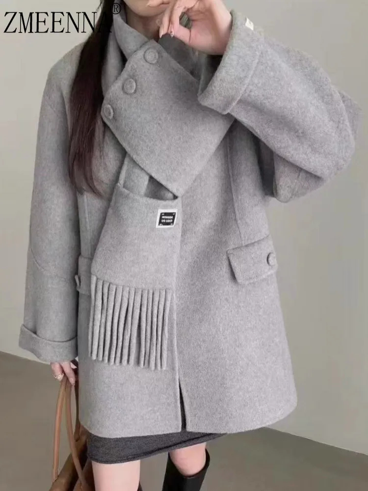 ZMEENNA Women's Coats Gray Wool Blend Short Oversized Jacket With Attached Fringed Scarf Collar Patch Pockets ZM3615
ZMEENNA Women's Coats Gray Wool Blend Short Oversized Jacket With Attached Fringed Scarf Collar Patch Pockets ZM3615