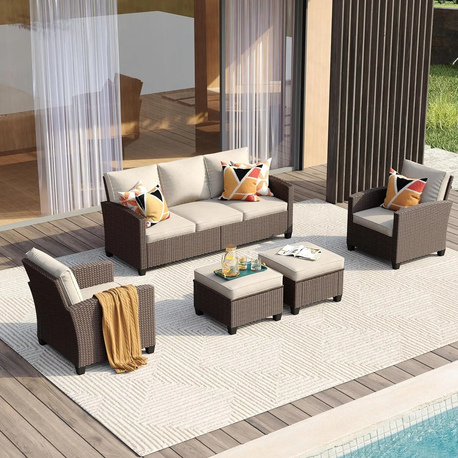 5 Piece Cushioned Rattan Outdoor Furniture Set Sectional Sofa Chair Ottoman Porch Garden Deck Customized
5 Piece Cushioned Rattan Outdoor Furniture Set Sectional Sofa Chair Ottoman Porch Garden Deck Customized