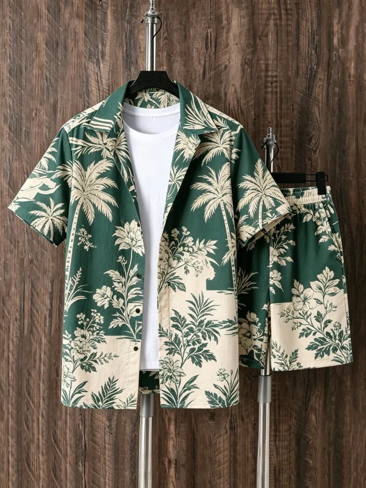 Men's Short Sleeve Shirt & Shorts Set, Loose Comfort Green Vintage Hawaiian Palm Print Casual Summer Outfit
Men's Short Sleeve Shirt & Shorts Set, Loose Comfort Green Vintage Hawaiian Palm Print Casual Summer Outfit