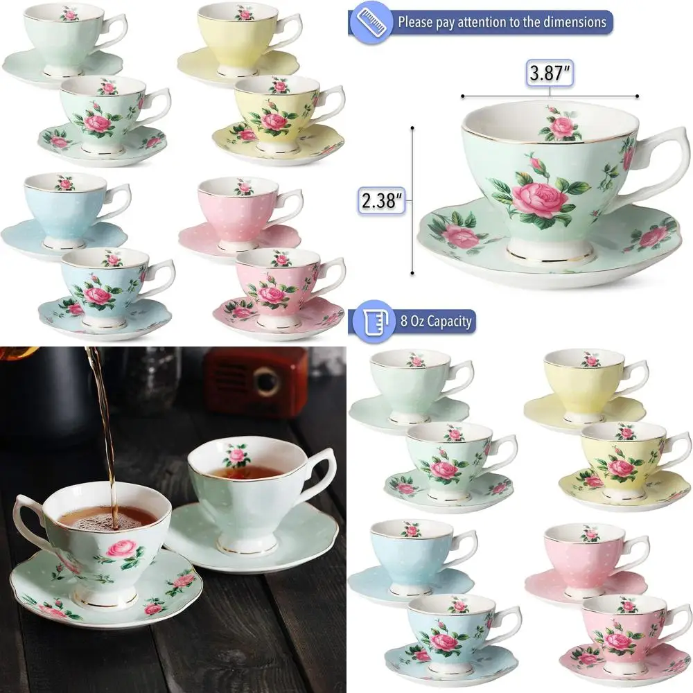8-Piece Porcelain Floral Teacup and Saucer Set with Gold Rims, Assorted Hues, Dishwasher Safe, Gift Boxed
8-Piece Porcelain Floral Teacup and Saucer Set with Gold Rims, Assorted Hues, Dishwasher Safe, Gift Boxed