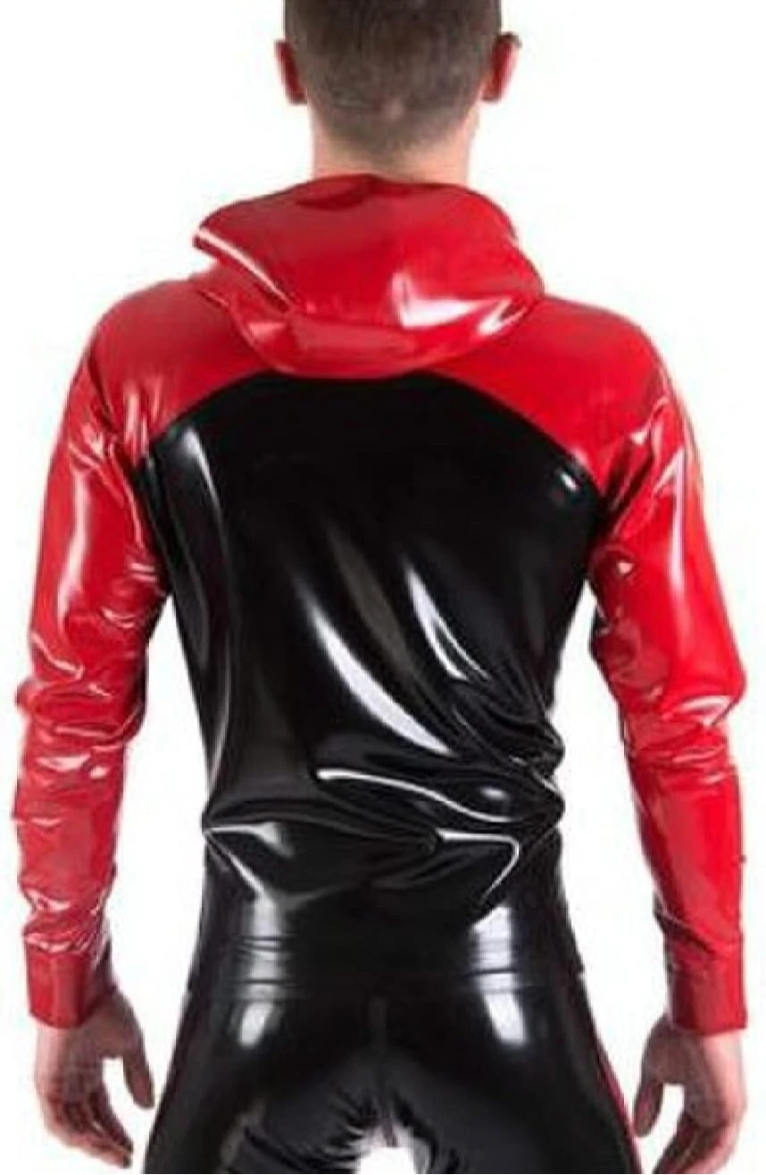 Black and Red Men's Casual Latex Jacket Rubber Top with Hood
Black and Red Men's Casual Latex Jacket Rubber Top with Hood