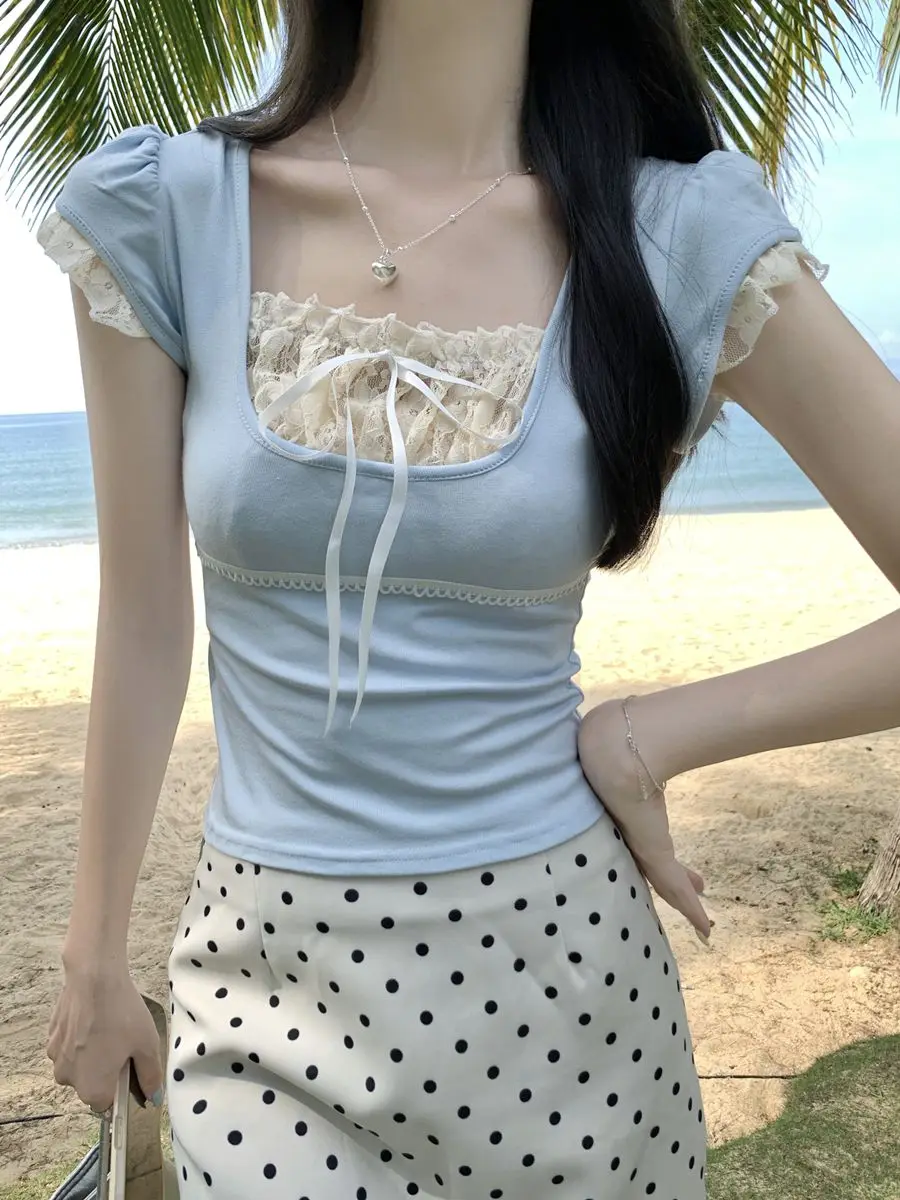 Korejpaa Women T Shirts 2025 Summer New Lace Patchwork Hotsweet Short Sleeve Slimming Korean Fashion Clothing Casual Tops
Korejpaa Women T Shirts 2025 Summer New Lace Patchwork Hotsweet Short Sleeve Slimming Korean Fashion Clothing Casual Tops