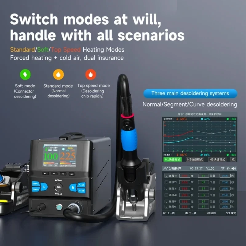 AiXun HT316 2-в-1 паяльная станция горячего воздуха и паяльник 1400 Вт + 150 Вт управление жестами Bluetooth/WiFi для ремонта печатных плат телефона
AiXun HT316 2-в-1 паяльная станция горячего воздуха и паяльник 1400 Вт + 150 Вт управление жестами Bluetooth/WiFi для ремонта печатных плат телефона