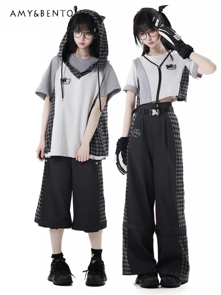 Harajuku Plaid Splicing Casual Embroidery Black and Gray Suit Summer Splicing Color Short-sleeved Top Belt Slim Casual Pants
Harajuku Plaid Splicing Casual Embroidery Black and Gray Suit Summer Splicing Color Short-sleeved Top Belt Slim Casual Pants