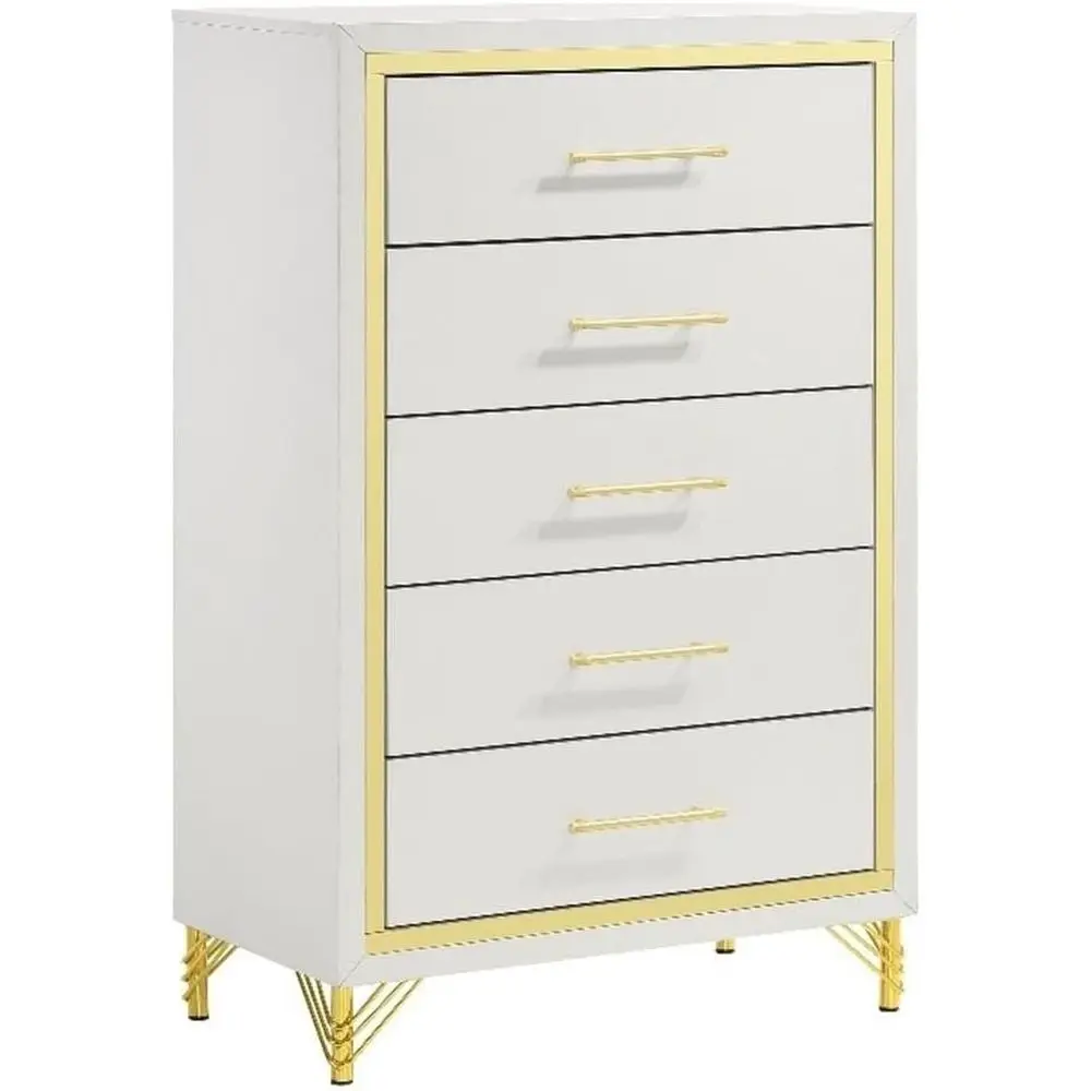 5-Der Wood Bedroom Chest, 49.25" H x 31.5" W x 16.25" D, White inish with Gold Trim, Melamine Laminate, ern Compact Storage or C
5-Der Wood Bedroom Chest, 49.25" H x 31.5" W x 16.25" D, White inish with Gold Trim, Melamine Laminate, ern Compact Storage or C